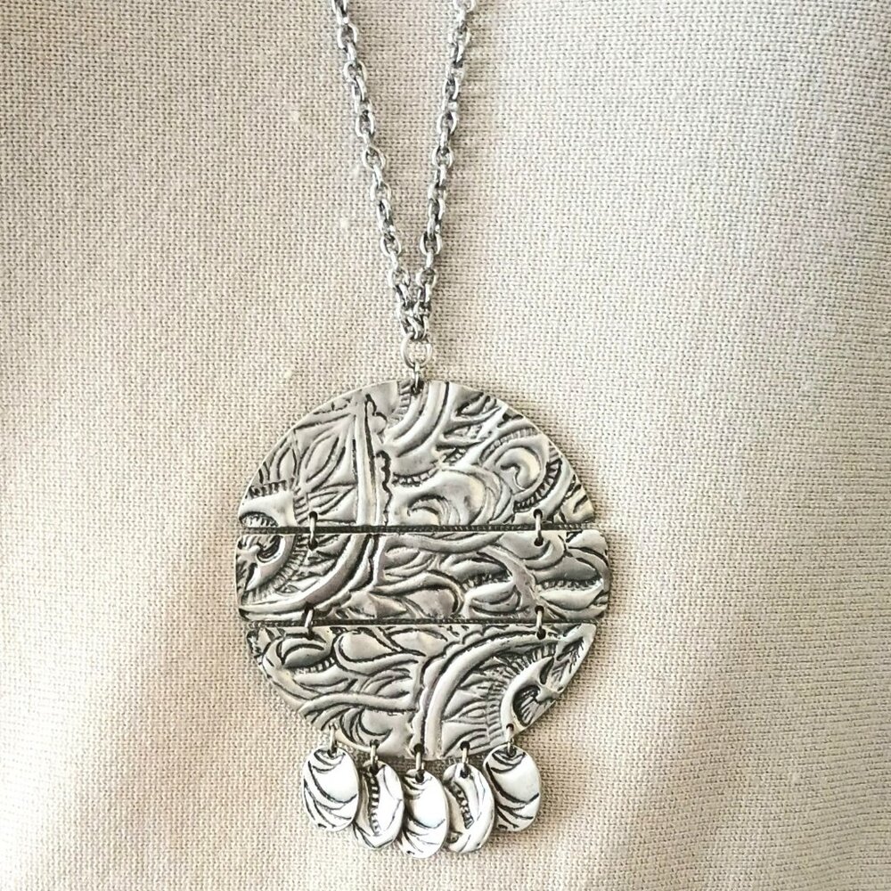 Karma Bella Embossed Pendant Necklace 32" Large Silver Round Boho Jewelry